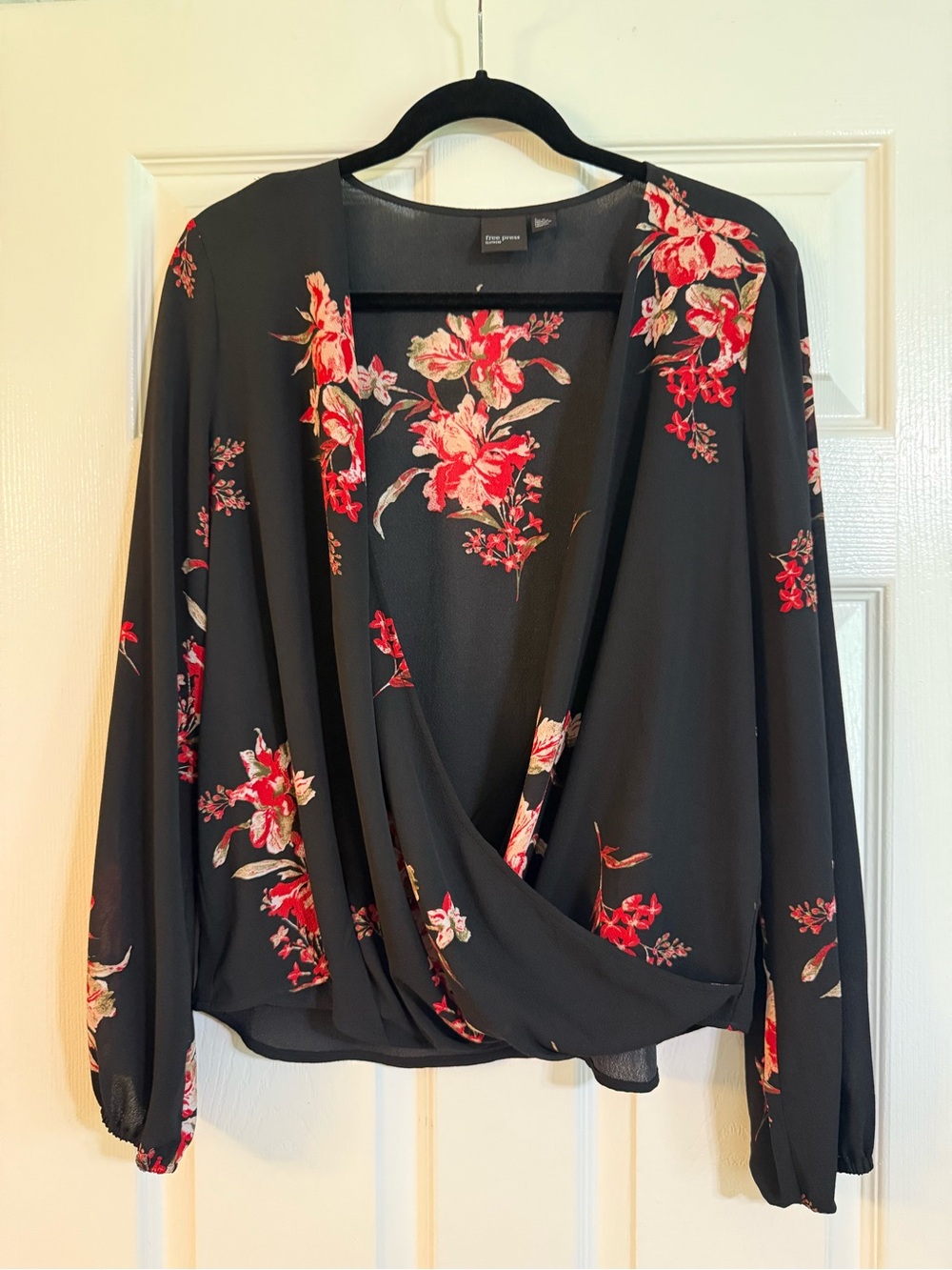 free press Black Floral Surplice Blouse with Red Flowers